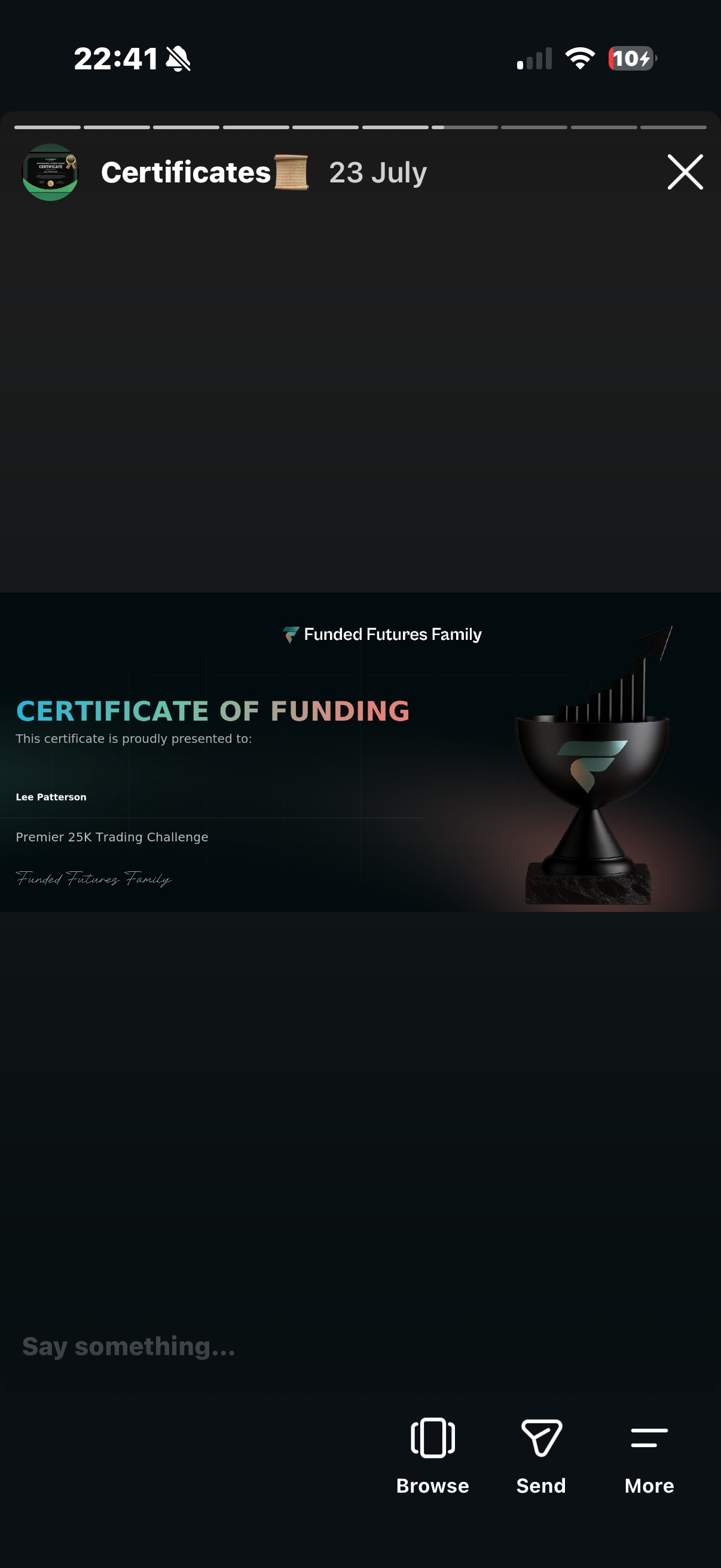 Funded Futures Family Premier 25K certificate of funding awarded to Lee Patterson