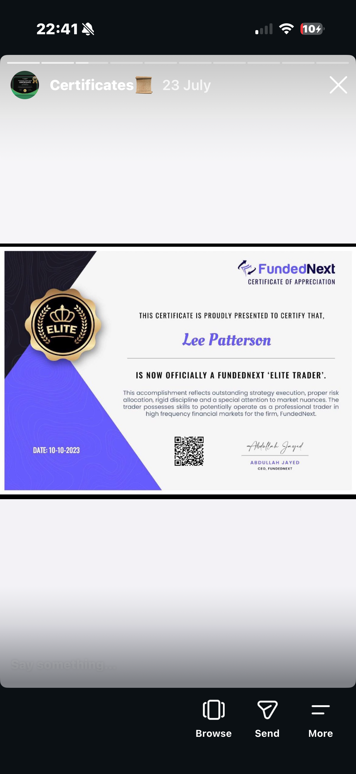 FundedNext Elite Trader certificate awarded to Lee Patterson