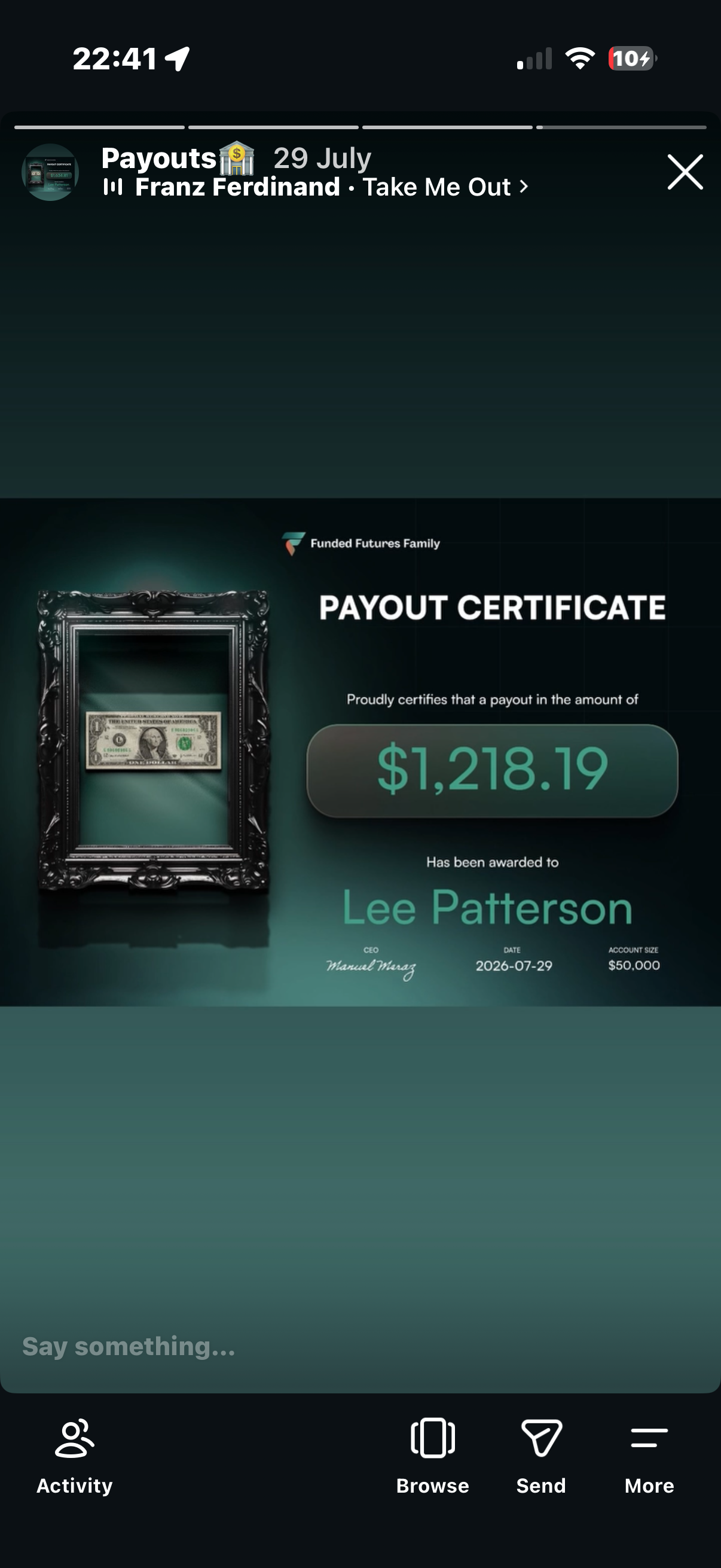 Funded Futures Family payout certificate awarded to Lee Patterson for $1,218.19