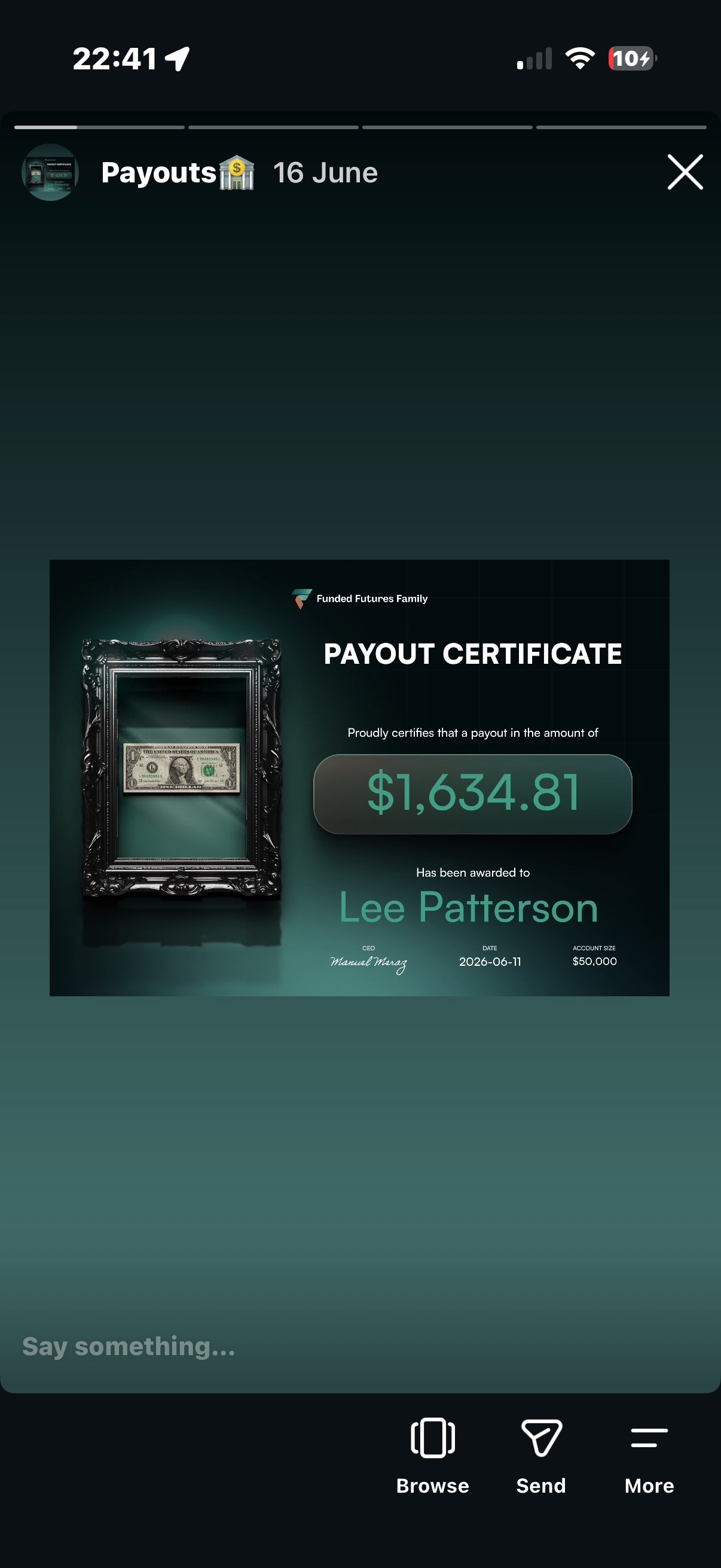 Funded Futures Family payout certificate awarded to Lee Patterson for $1,634.81